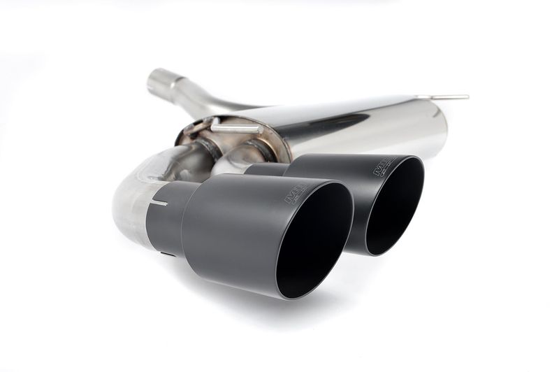 Downpipe-back Resonated (quieter). Cerakote Black OEM-Style Tips