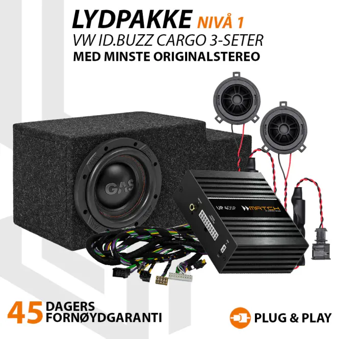 Hovedbilde Match Lydoppgraderingspakke VW ID.Buzz Cargo 3-seter Nivå 1 - DSP-forsterker, diskanter og 6,5`` biltilpasset basskasse