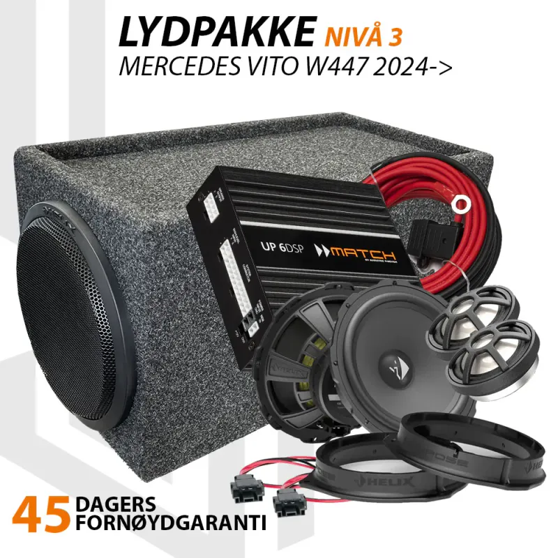 Match Lydoppgraderingspakke Mercedes Vito W447 2024-> Nivå 3 - Ekstra kraftig DSP-forsterker, 10`` basskasse mellom stoler på 2-seter utgave og høyttalere